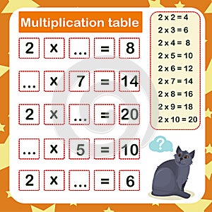 Vector illustration of the multiplication table by 2 with a task to consolidate